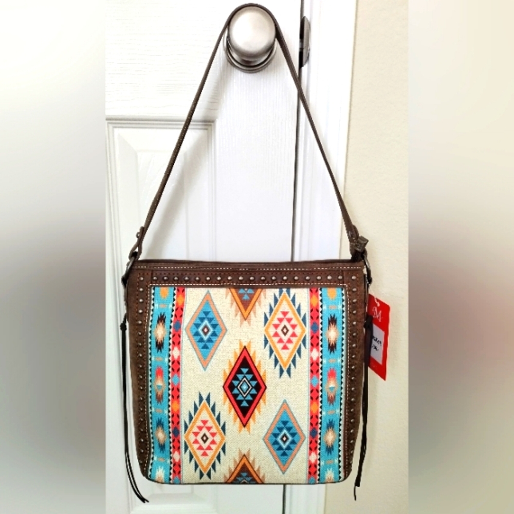 Montana West Purse Shoulder bag Blue Pink Western Aztec Canvas Faux Leather NEW